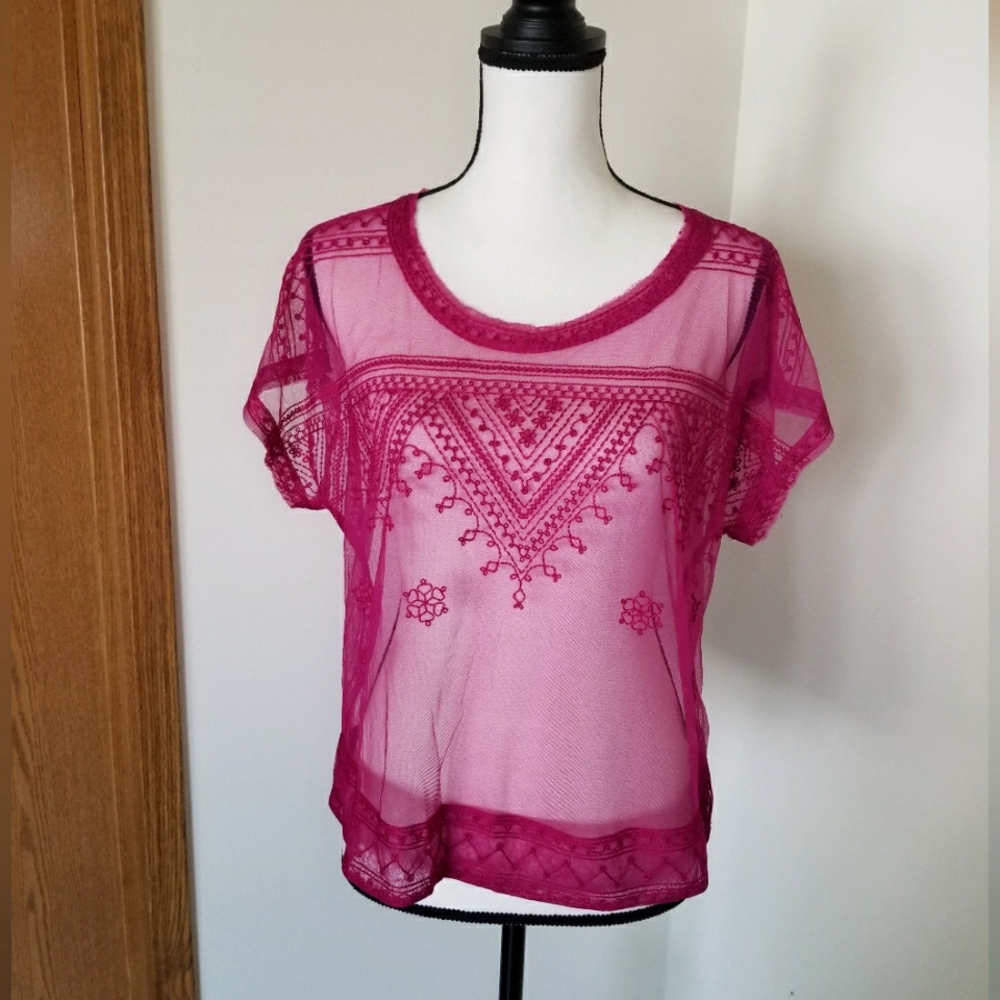 Free People Sheer Boho Lace Floral Embroidered Shirt